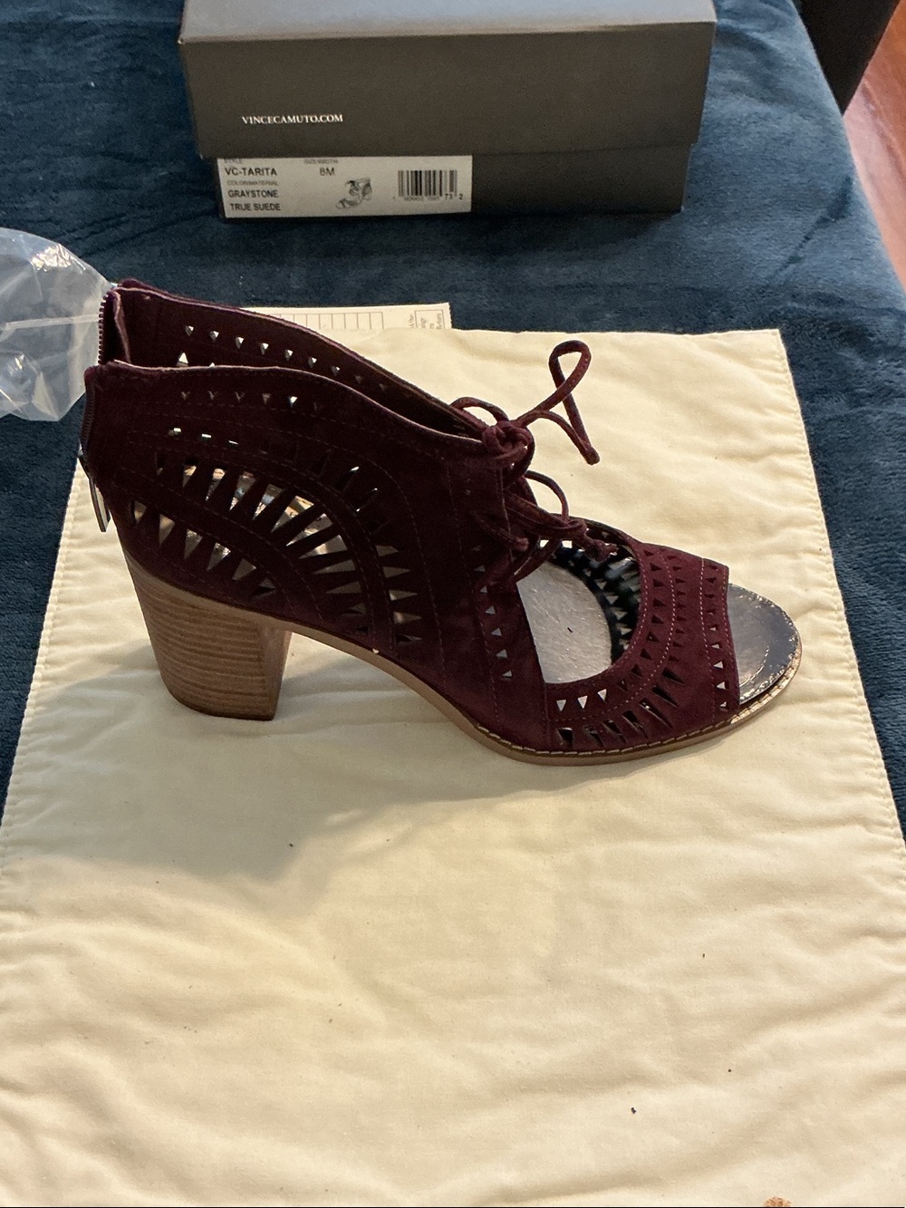 Vince Camuto Burgundy Suede Laser-Cut Lace-Up Block Heel